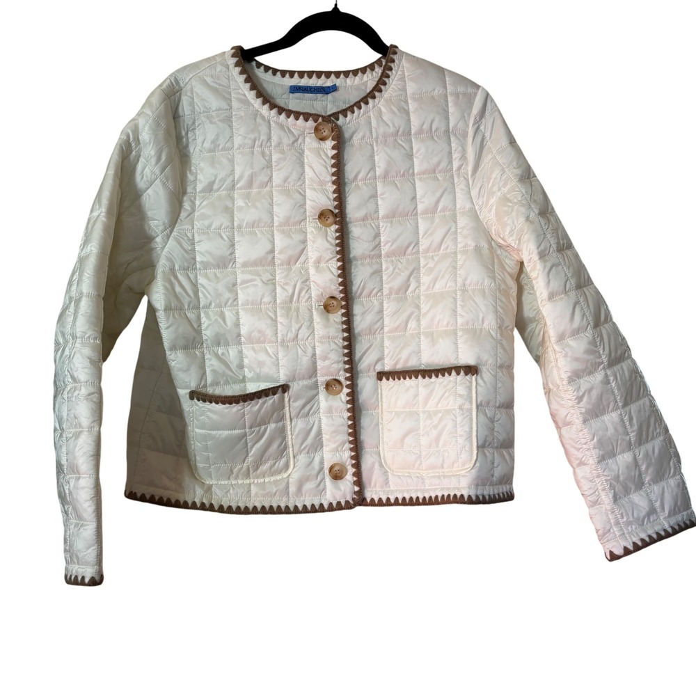 J.McLaughlin Danica Quilted Jacket Large Button Front Egret White Front Pockets